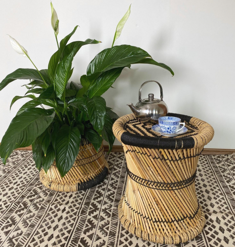 Indian wicker stool in 2 sizes, bamboo stool, seat pouf, wicker storage - natural/black - 35x40x40 cm Ø40 cm
