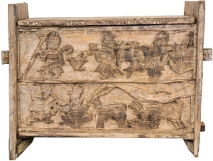 Rustic Orissa tribal wooden chest or bench with decorations and carvings - model 9 - 58x75x32 cm 